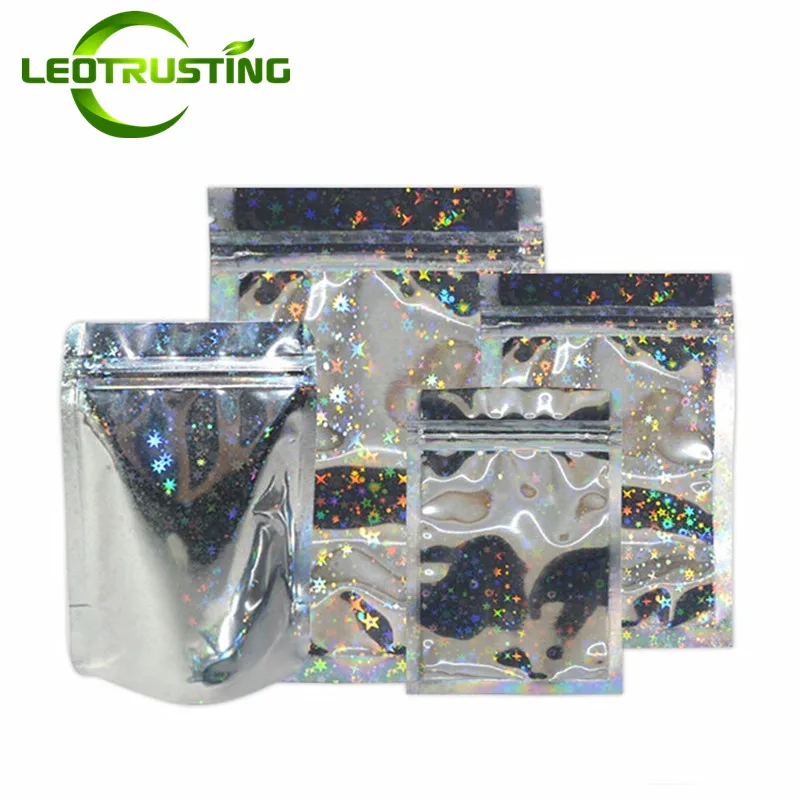 

100pcs Aluminum Foil Hologram Zip Lock Packaging Bag Reclosable Snack Coffee Flour Star Holographic Laser Gift Storage Pouches