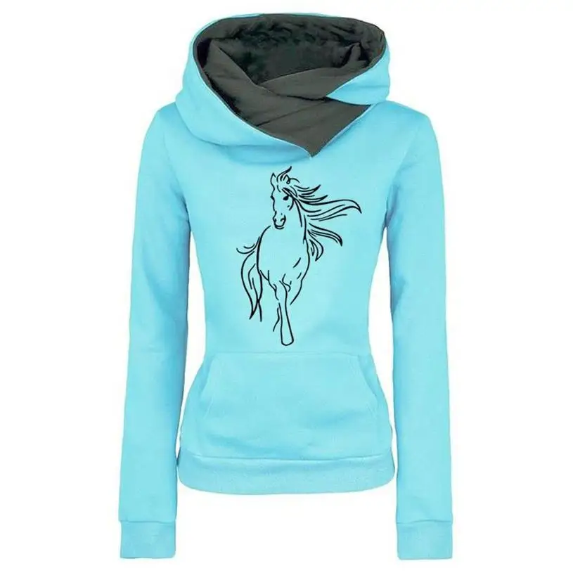 

New Fashion Heartbeat Horse Print Sweatshirt Femmes Sweatshirts Hoodies Women Print Printing Female Pockets Buckle Cropped