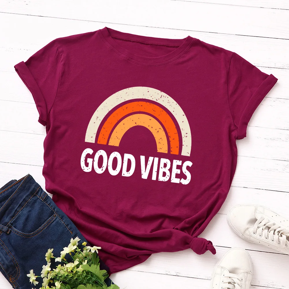 

Harajuku Rainbow Graphic Tees Shirts 100% Cotton Women Tshirt Good Vibes Letter Print Summer Woman T-shirt Plus Size Loose Tops