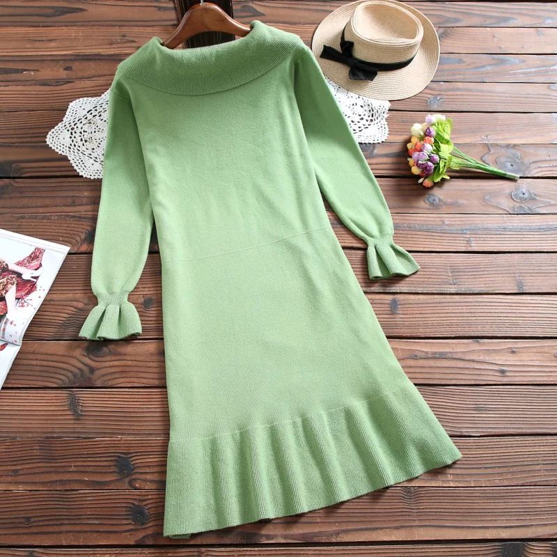 Абрикосовое зеленое трикотажное платье свитер осенняя и зимняя одежда женские