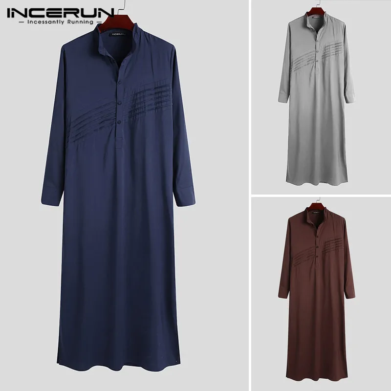

Мужская одежда из Дубая Abaya Jubba tobe, винтажный мусульманский кафтан с пуговицами, мужской халат с длинным рукавом и воротником-стойкой, Ретро ...