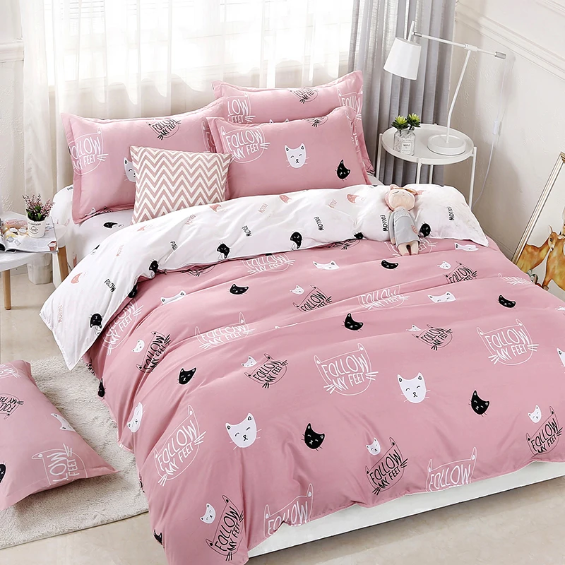 

2021 Home Textile Duvet Cover Sheet Pillow Case Lovely Pink Cat Kitty Bedding Set Girls Kid Teen Woman Bed Cover Bedclothes