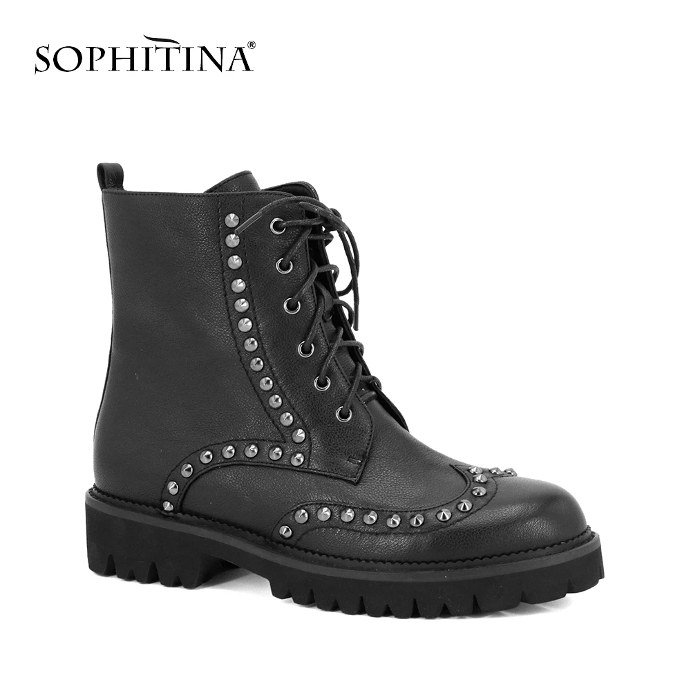 

SOPHITINA Adult 2021 New Square Heels Ankle Boots Round Toe Rivet Genuine Leather Shoes Quality Handmade Warm Rivet Boots M48