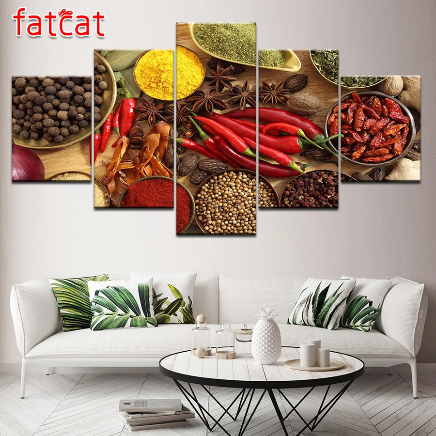 

FATCAT Diy Diamond Painting 5 Panel Spoon Grains Spices Peppers Decorative full Square Round Diamond Embroidery Sale Art AE772