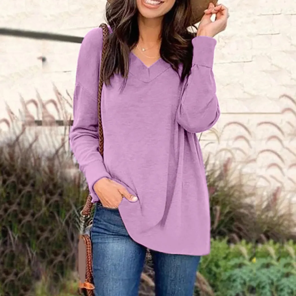 Хлопковые женские топы и блузки повседневный топ с V образным вырезом длинным