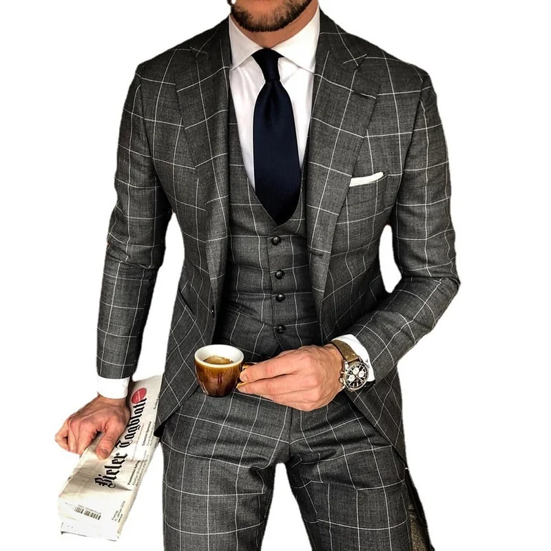 Мужской Блейзер Slim Fit 2021 весна осень новый серый клетчатый Карманный костюм