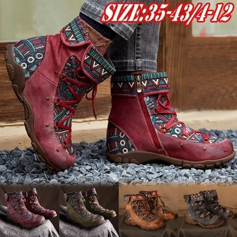 2021 Women's Ladies Retro Bohemian Style Ankle Zip Short Boots Booties Casual Shoes Women's Winter Boots Botas Mujer Invierno