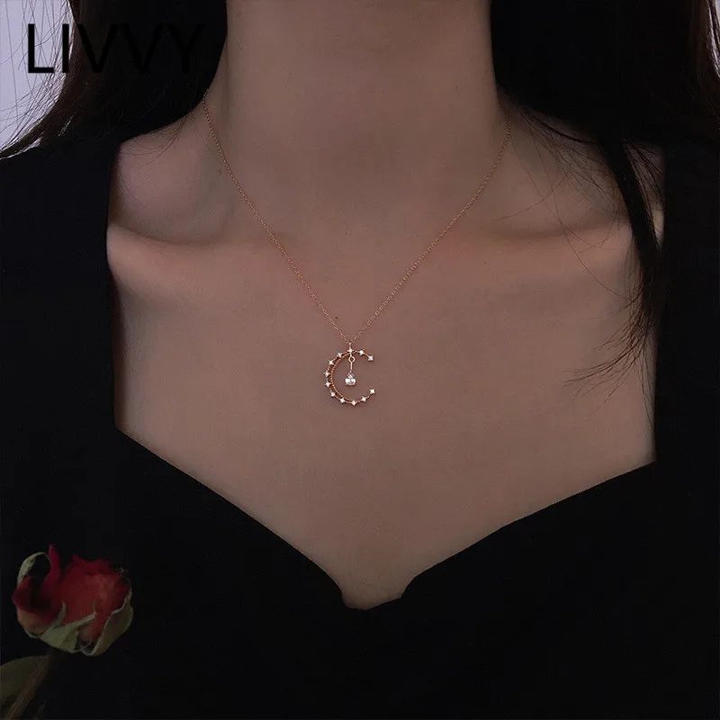 

LIVVY Silver Color Zircon Moon Pendant Necklace For Women Girls Birthday Party Rose Gold Color Clavicle Chain