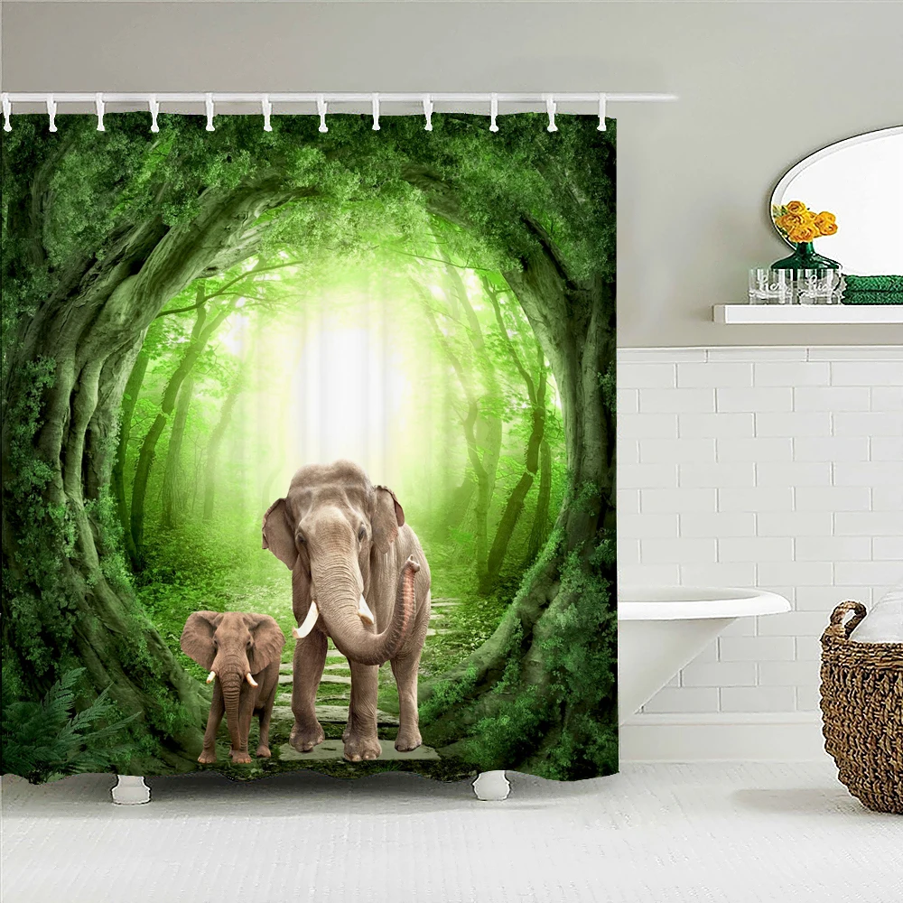 

3D Printing Fabric Bathroom Curtains Forest Animal Elephant Waterproof Shower Curtain With Hooks Home Decoration Bath Screen