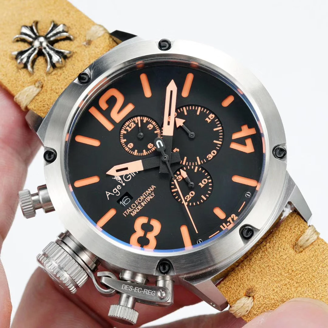 Новинка, кварцевые Секундомер-хронограф для мужчин, U CHRONOMETER U1001 U72 Chimera, серебристый, в возрасте, коричневый, корова, черный, кожа, часы для лодок AAA