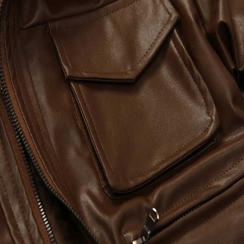 

Free shipping Turn-down collar Short Men Leather Jackets Top quality PU Handsome Multi Pocket Motorcycle Leather Jackets Black