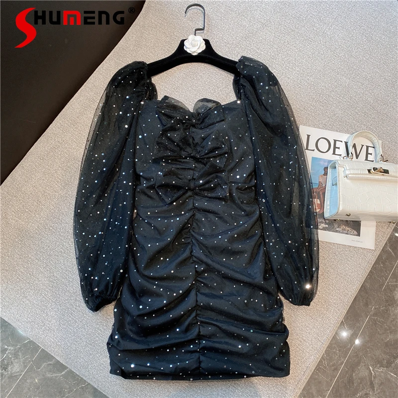 

2021 Autumn Female New Retro French Elegant Sequins Mini Dress Women's Fashion Solid Color Bow Pleated Puff Sleeve Mesh Dress