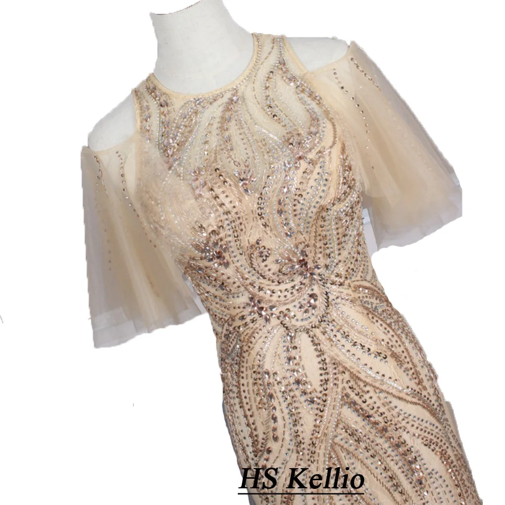 

HS Kellio Champagne Evening Dress Short Sleeve Mermaid Beaded Occasion Gown