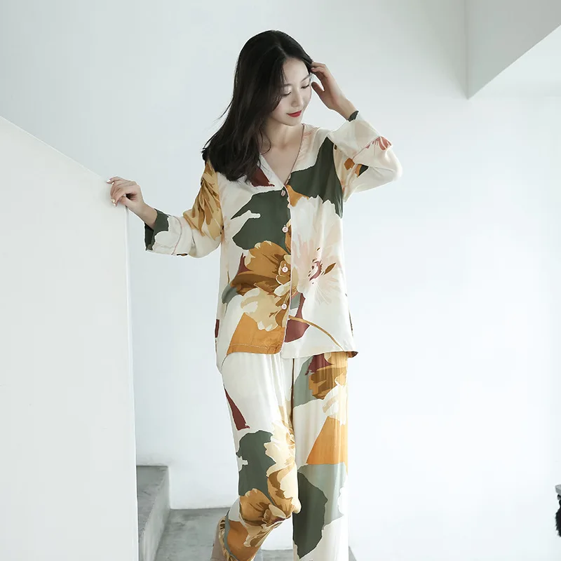 Autumn Ink Printing V-neck Long-sleeved and Long Trousers Suit Sleepwear for Ladies Large Size Cardigan Home Two-piece Clothes