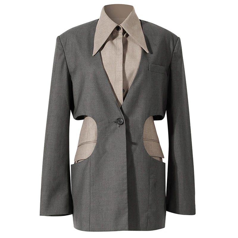 

Black Gray Hollow Out Irregular Blazers Women Elegant New Lapel Long Sleeve Loose Fit Jackets Fashion Spring Autumn 2021 Womens