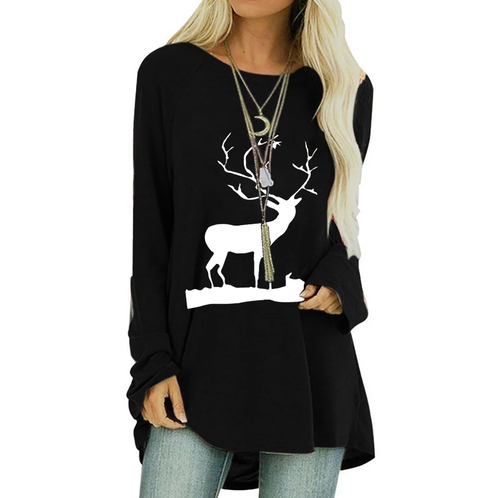 

#w White Deer Print Irregular Tee Shirts Women Long Sleeve Round Neck Oversize Clothing Top Mid-Length Loose Casual T-Shirt 3XL
