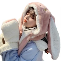 kawaii cartoon rabbit ears hat women cute warm winter thick warm long hoodies neck scarf with mittens windproof set