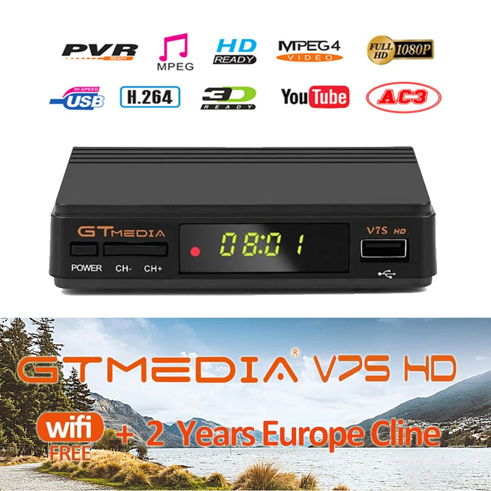 GTMedia V7S HD спутниковый ресивер DVB S2 T2 H.265 встроенный WiFi с 1 годом испанская