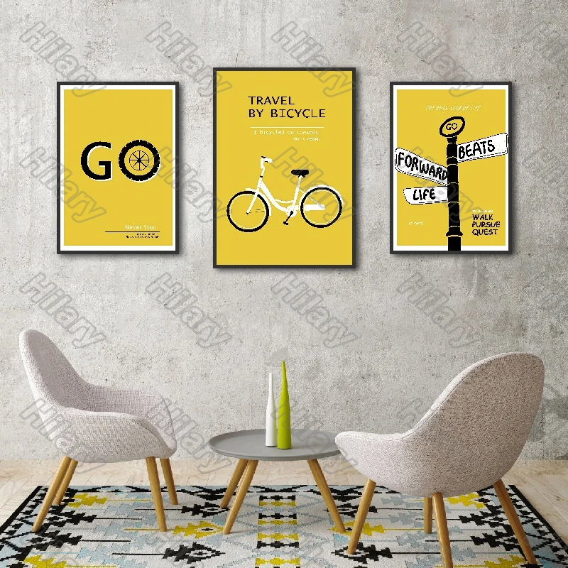 

Posters Road Sign Bicycle Go Yellow Letters Canvas Painting Posters and Prints Wall Art Pictures Decoration for Living Room 3Pcs