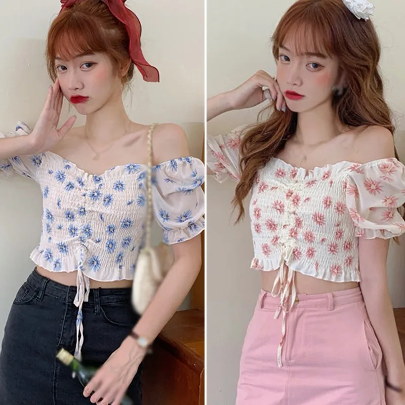 

Women's Chiffon Square Collar Sexy Top Shirt Korean Fashion Small Floral Sweet Style Pleated Ladies Tops