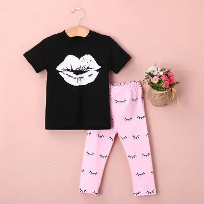2020 Top Newborn Infant Kids Baby Girls Kiss Printing T-shirt +Pants Outfits Clothes Set | Детская одежда и обувь