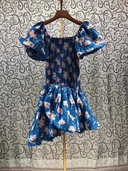 

2021 new women fashion bubble short sleeve square neck elastic print dress