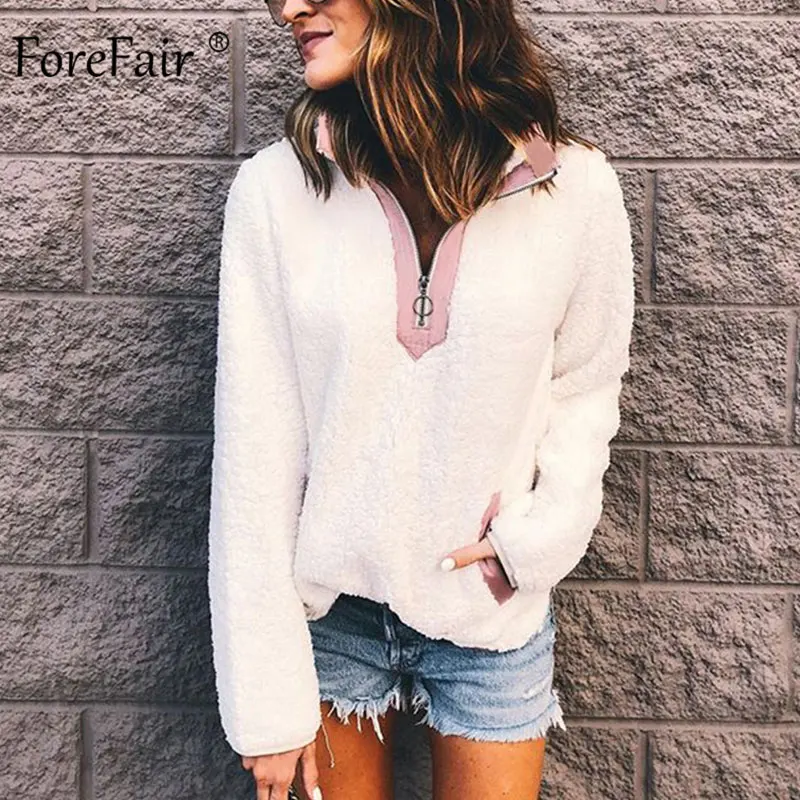Forefair Zip Casual Turtleneck Fleece Sweatshirt Women Autumn 2019 Turn Down Neck Pullovers Female Slim Faux Fur Warm | Женская одежда