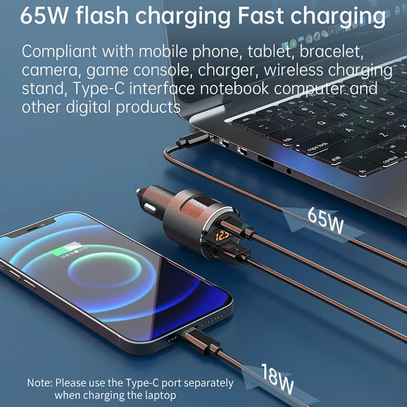 USB C PD автомобильное зарядное устройство 65 Вт двойной порт адаптер для быстрой