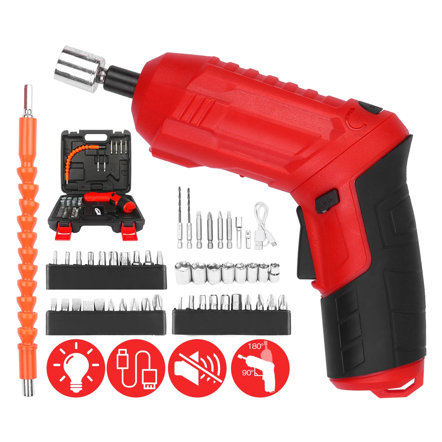 

Cordless Screwdriver 47Pcs 3.5Nm Electric Screwdriver Set 3.6V 1800mAh USB Rechargeable Ratchet Wrench Front LED with Carry Box