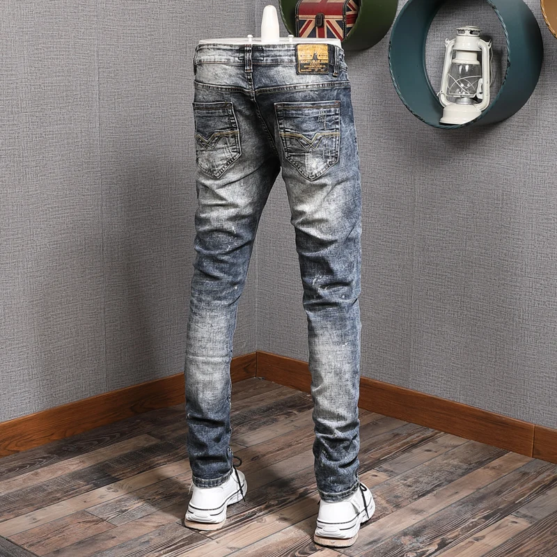 European American Vintage Fashion Men Jeans Retro Wash Slim Ripped Jeans Men Distressed Painted Designer Patchwork Denim Pants