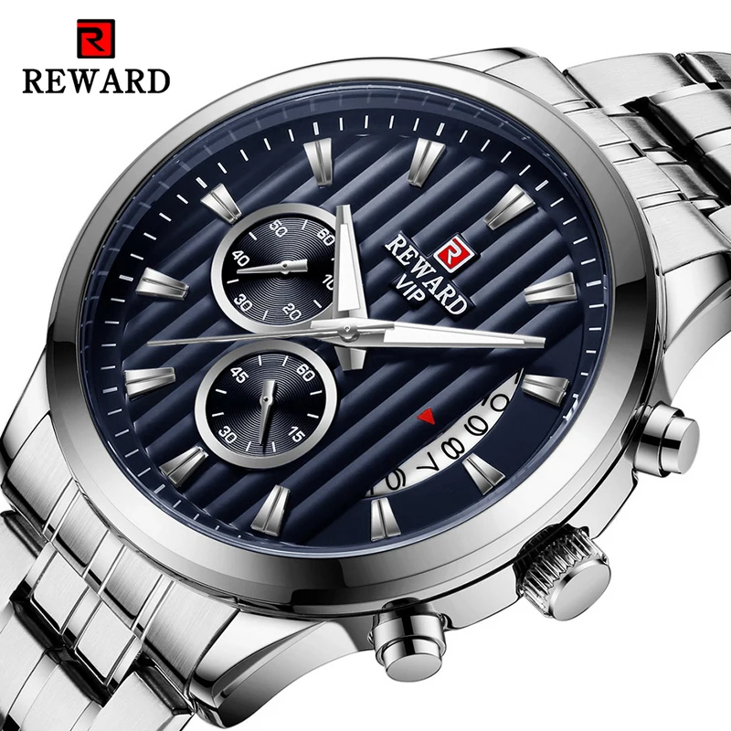

REWARD 2020 Men's Wristwatches Silver Stainless Steel Complete Calendar Lumious Hands Top Brand Sport Watches Relogio Masculino