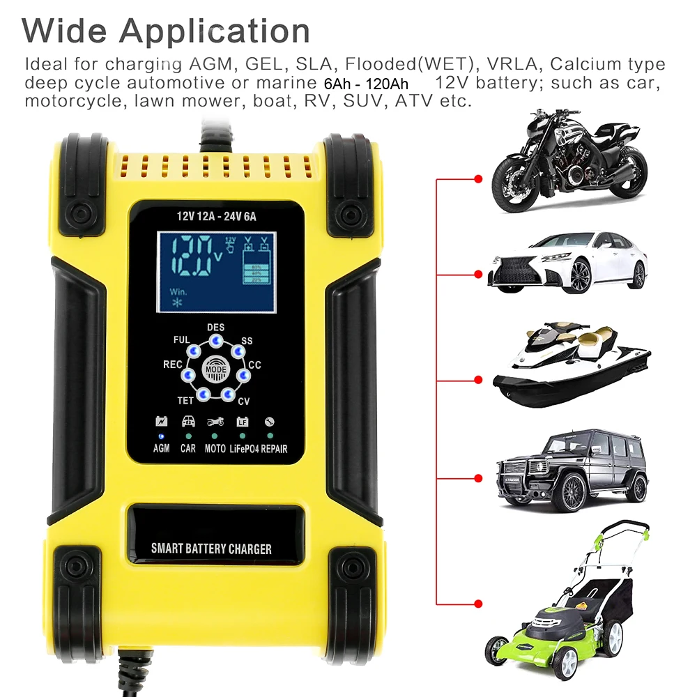 12v24v 12a automatic battery charger 7 step car battery charger lcd display intelligent charges repair function fast charger free global shipping