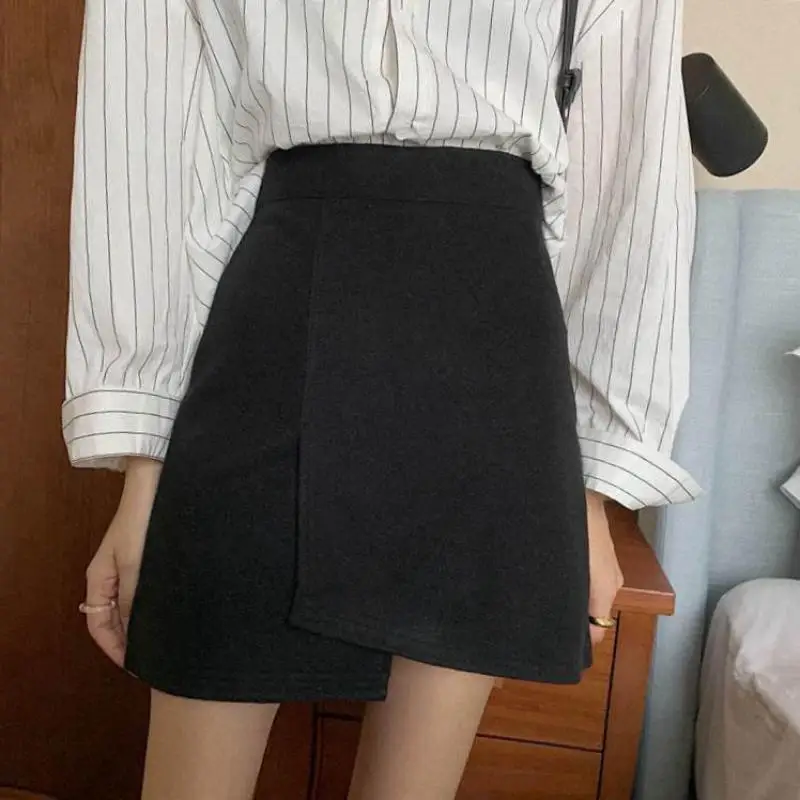 

Autumn & Winter New Korean High Waist Slim Simple Black Irregular Casual All-match Women A-line Woolen Short Skirt Free Shipping