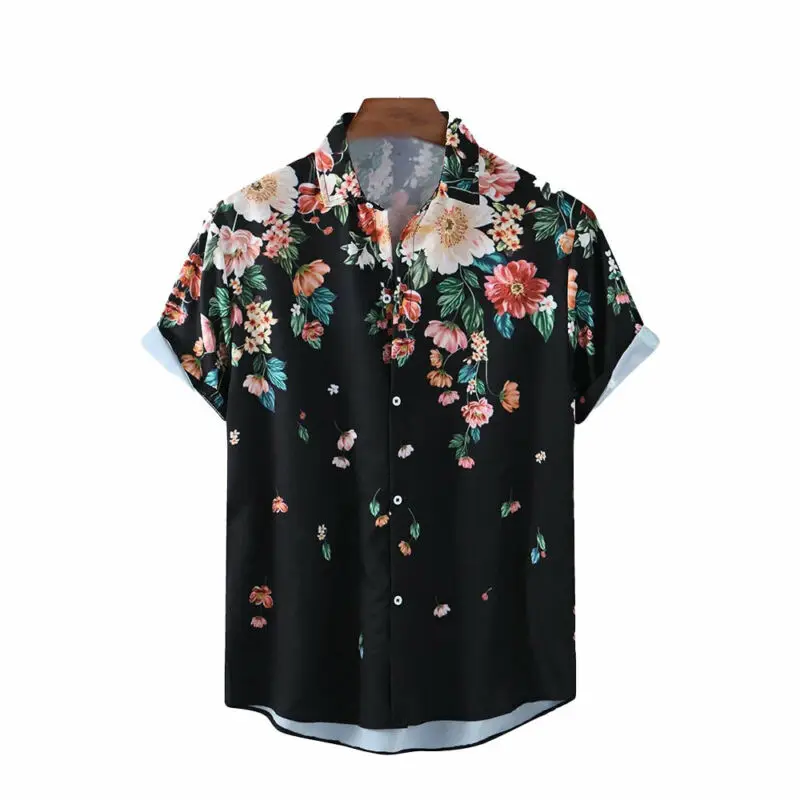 

Cofekate Summer Mens Shirts Vintage V-Neck Flower Print Tops Black Beach Holiday Wear Mens Fashion Clothing Trends Shirt Men
