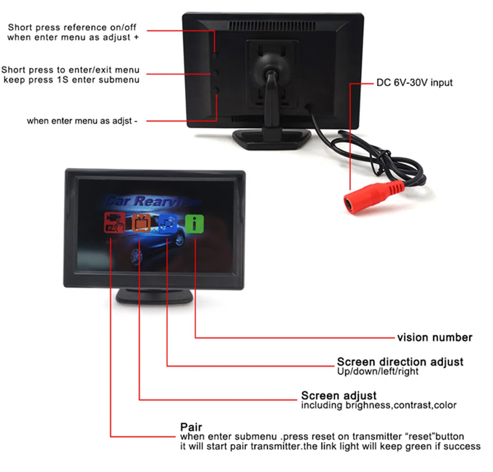 rear view camera with monitor монитор для камеры заднего вида 5 дюйм беспроводной монитор с фронтальной или задней камерой, прикуриватель питания, поддержка цифрового сигнала 150 м беспроводное расстояние