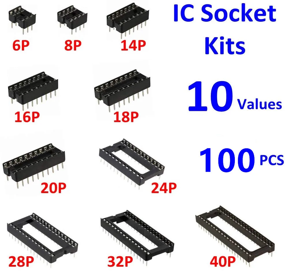 

100Pcs/Box 2.54mm Pitch DIP IC Sockets Solder Type Adaptor Assortment Kit (6/8/14/16/18/24/28/40 Pins)