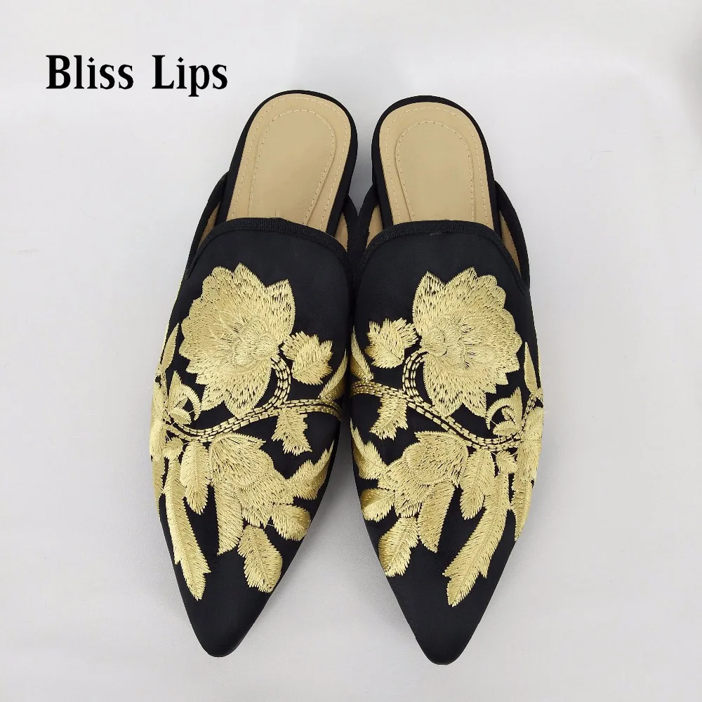 

New golden peony embroidery Muller shoes pointed shallow mouth shoes Flats Women Comfortable Beauty Half Slipper Snug size 34-45