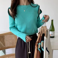 women sweater color contrast hollow out long sleeve pull femme knitted slim o neck pullover autumn winter korean style clothing