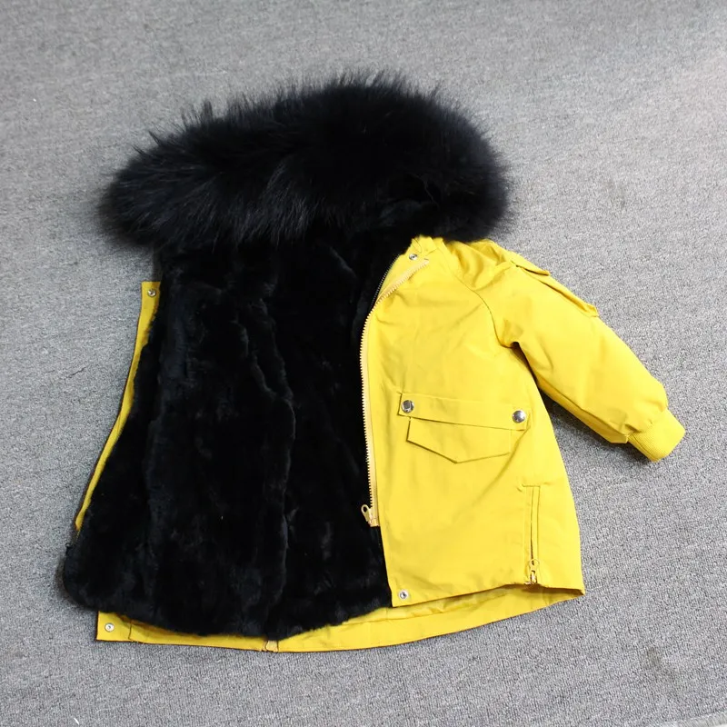 yellow black fur Для маленьких мальчиков детская зимняя куртка, детская куртка-пуховик для девочек зимняя куртка для детей в Зимняя куртка для девочек и мальчиков детские линией натурального меха кролика, парка, пальто - Цвет: yellow black fur