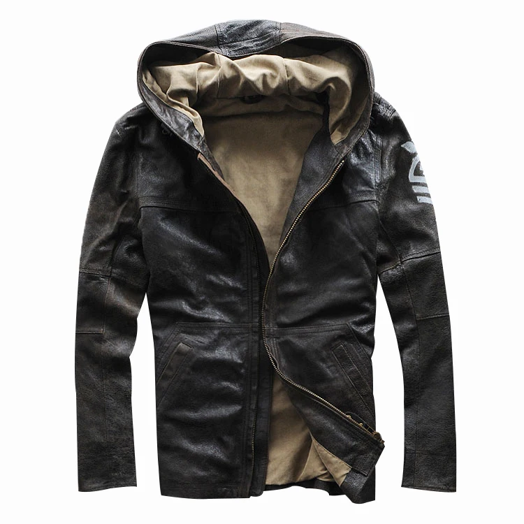 Мужская повседневная куртка-пилот с капюшоном из натуральной овечьей кожи