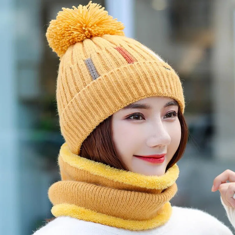 Knitted Hat With Scarf Collars SUOGRY Sets For Women Winter Ladies Hat& Scarf With Pompom Thick Two Piece Keep Snow Warm Set