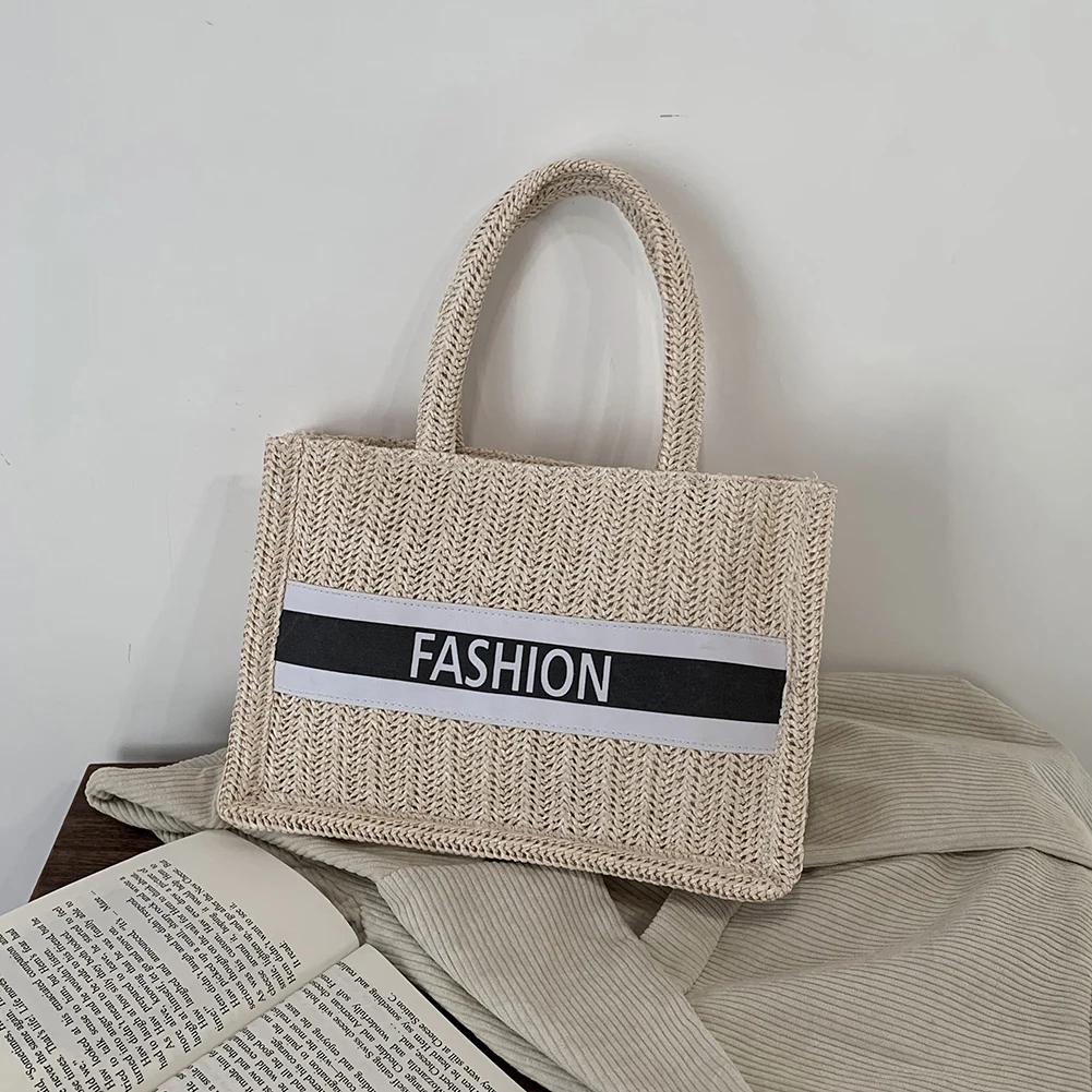 

Vintage Women Woven Letters Patchwork Shopping Bag Ladies Summer Beach Vacation Pure Color Large Capacity Tote Handbags
