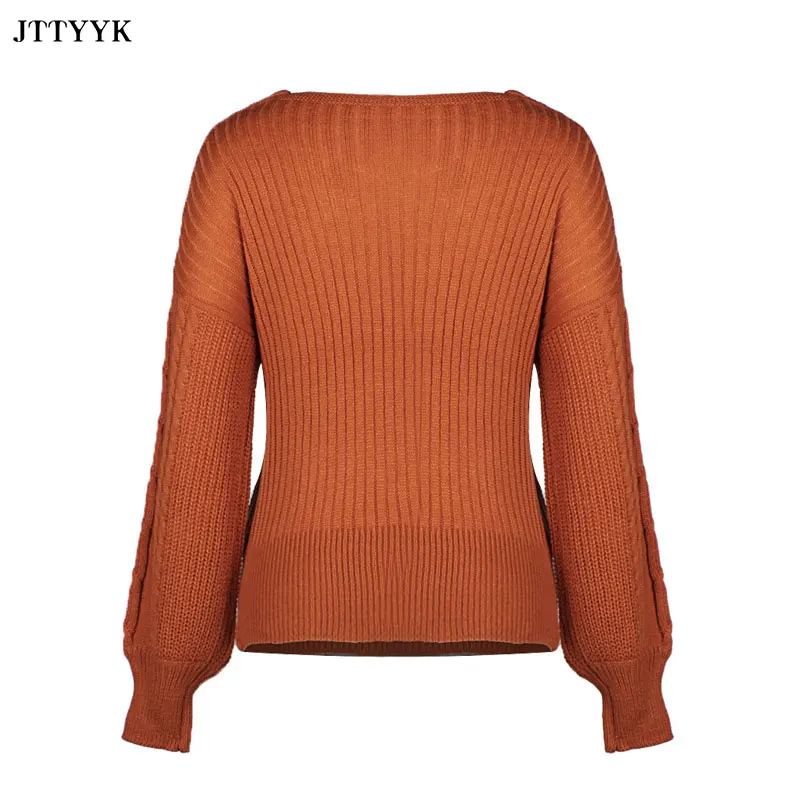 

Autumn Womens Sweater Solid Color Long-sleeve Shoulder Off Knit Top Deep V-neck Sexy Loose Sweater Casual Warm Thick Sweater Top