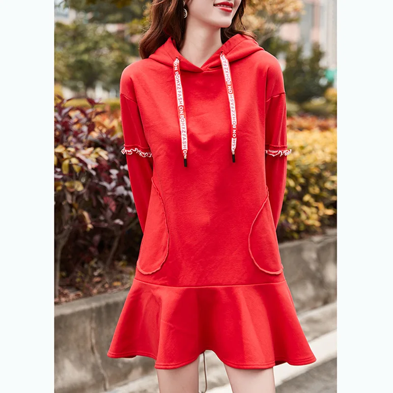 

Fall Japan Style Add Velvet Thickening Women Dresses Elegant Winter Students Hooded Long-Sleeve Loose Red Cute Vestidos Pullover