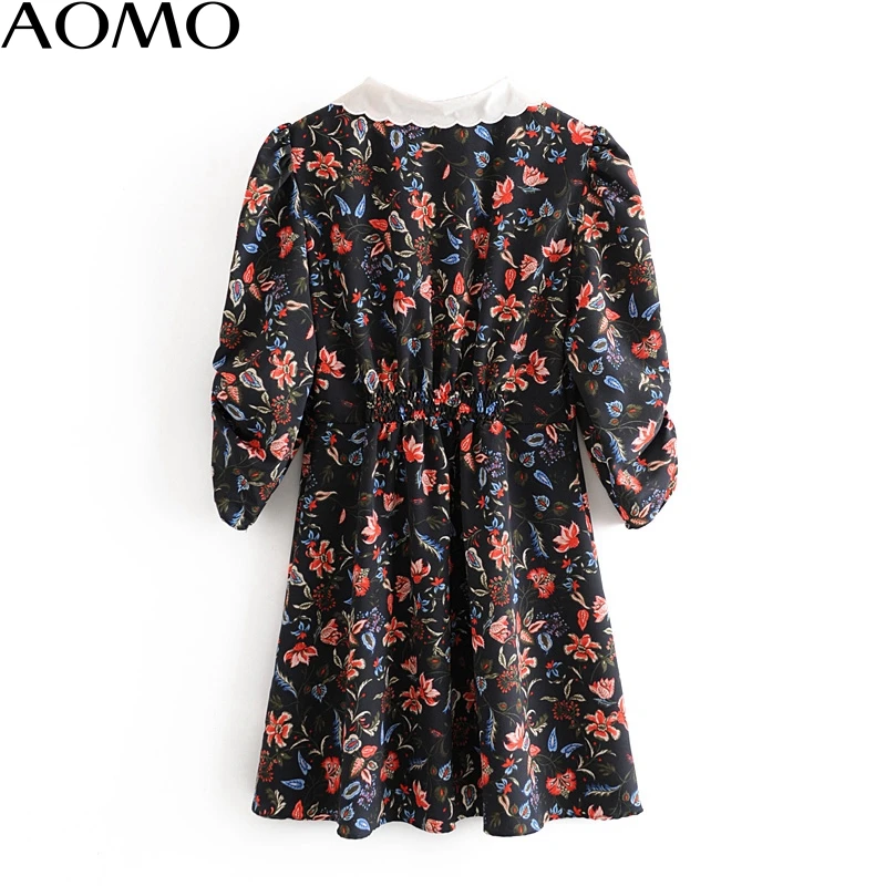 

AOMO 2020 fashion women flowers print mini dress peter pan collar puff long sleeve ladies vintage short dress vestidos 3H63A