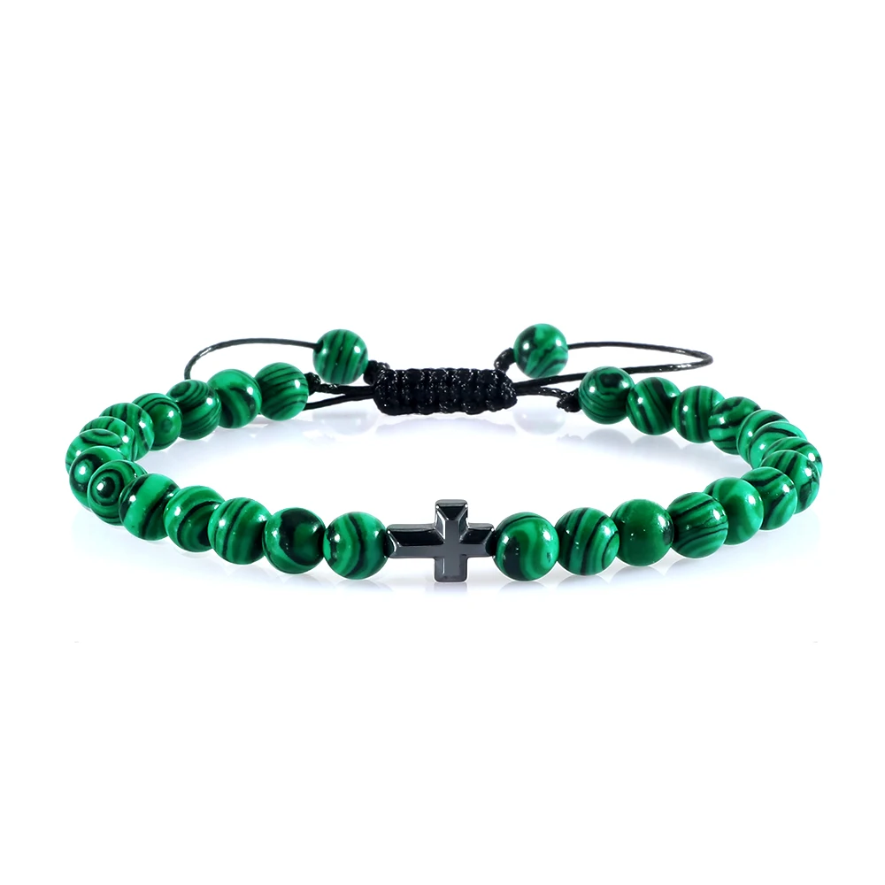 

6mm Adjustable Braided Bead Bracelets Men Natural Malachite Stone Cross Energy Bracelet＆Bangle Women Handmade Yoga Homme Jewelry