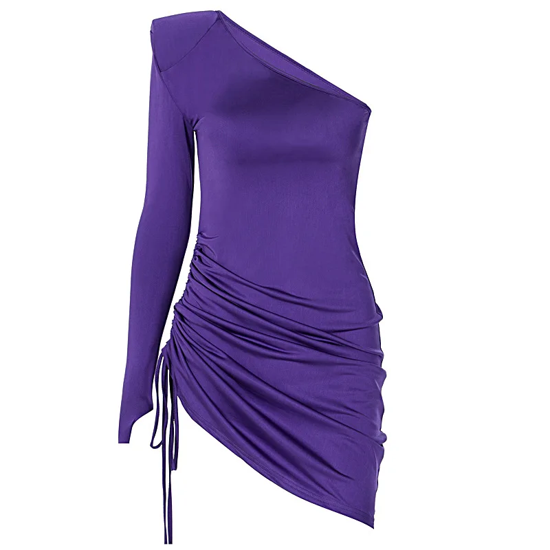 

Oluolin Women Sexy Purple Dress Long Sleeve Slim Elastic Bodycon Bandage Dress Mini Night Club Dress Short Pleated Party Dresses