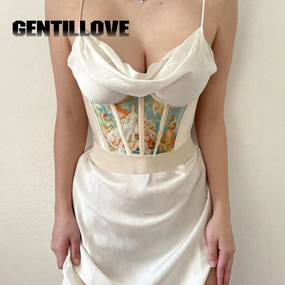 

2021 Y2k Vintage Print Sexy Corset Crop Top Fashion Female Bustier Party Club Dress Print Belt Wrap Girdle Ladies Streetwear