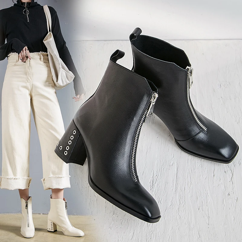 

INS hot Women boots natural leather upper Pigskin insole lining ankle boots for women autumn and winter Metal decorative heel