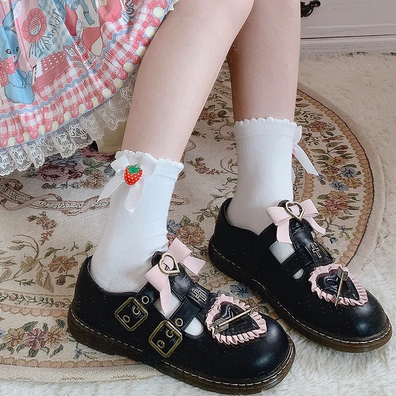 

Pink Japanese Kawaii Strawberry Socks Lolita Sweet Maid Tube Cotton Bowknot Students Soft Siter Cosplay Anime Gothic Socking